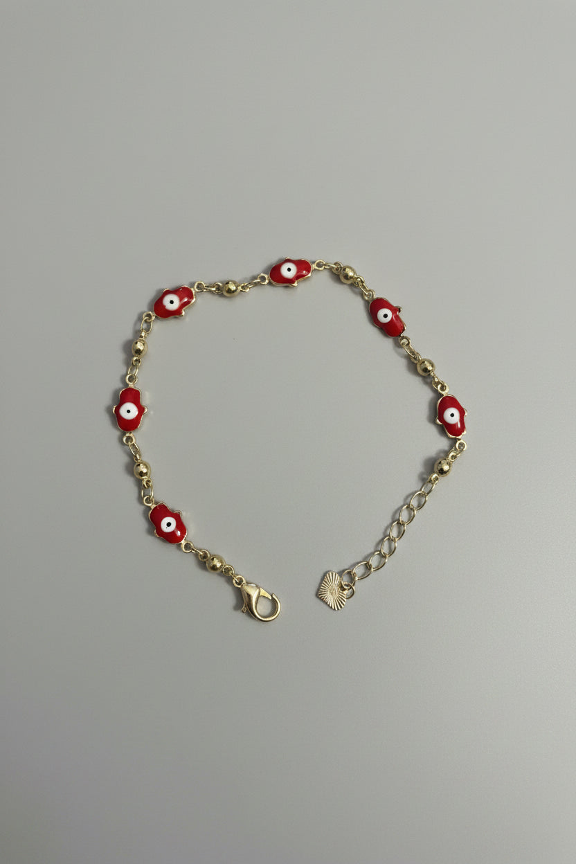 Pulsera Laminada Dorada con Mano de Fátima Roja y Ojo Turco size ajustable