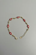 Pulsera Laminada Dorada con Mano de Fátima Roja y Ojo Turco size ajustable