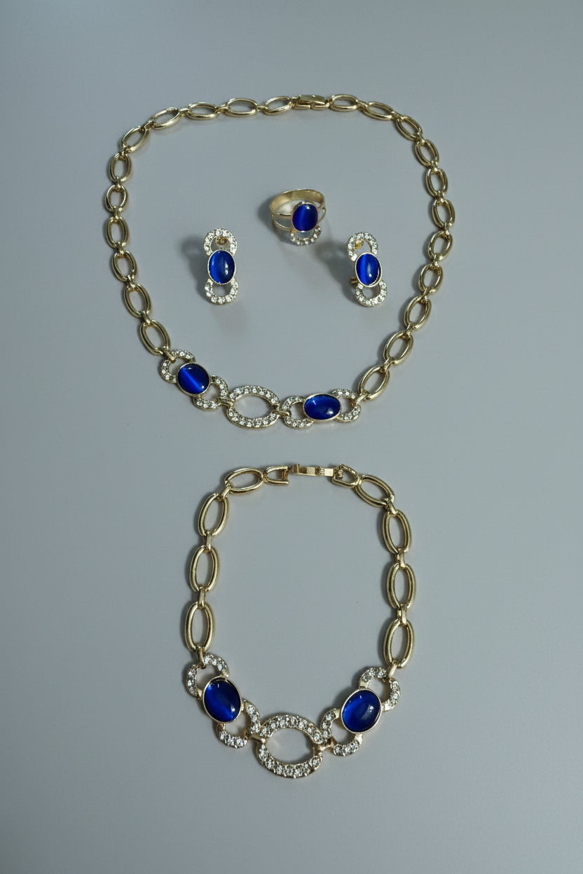 Juego de Joyería Oro Laminado con Piedra Azul- rosa 4 Piezas Anillo Ajustable