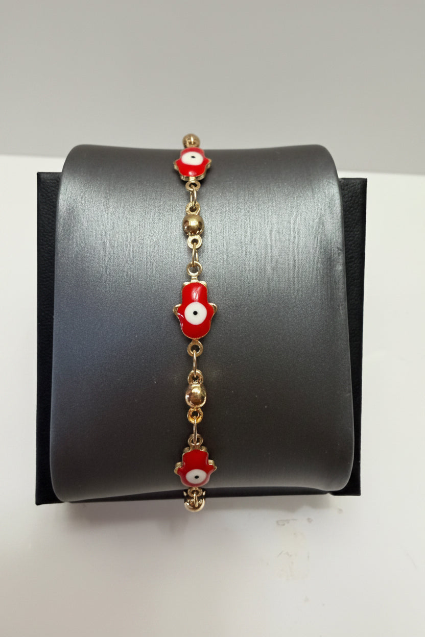 Pulsera Laminada Dorada con Mano de Fátima Roja y Ojo Turco size ajustable