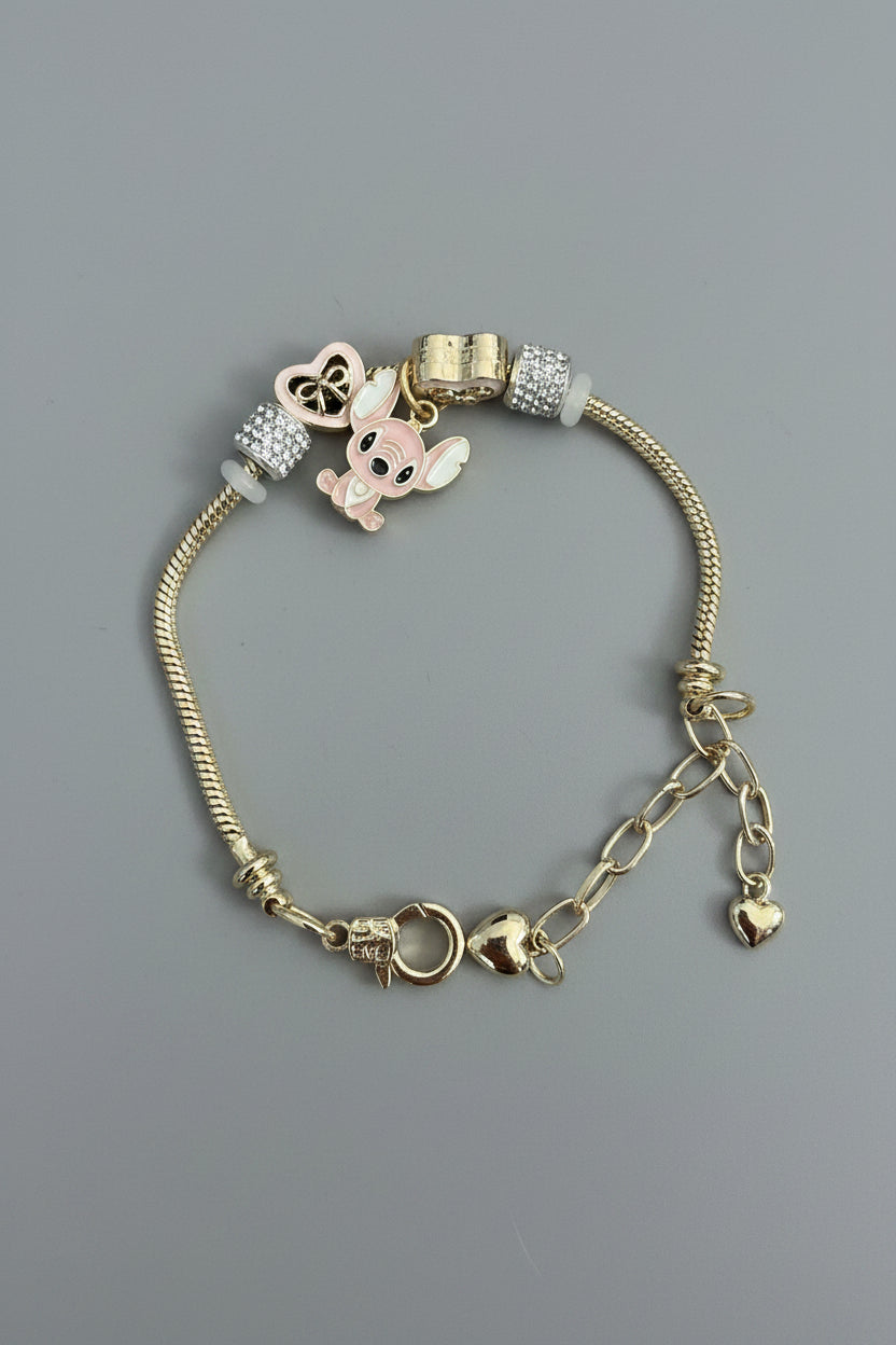 Pulsera Laminada Dorada de Stitch Rosa con Charms y Cristales