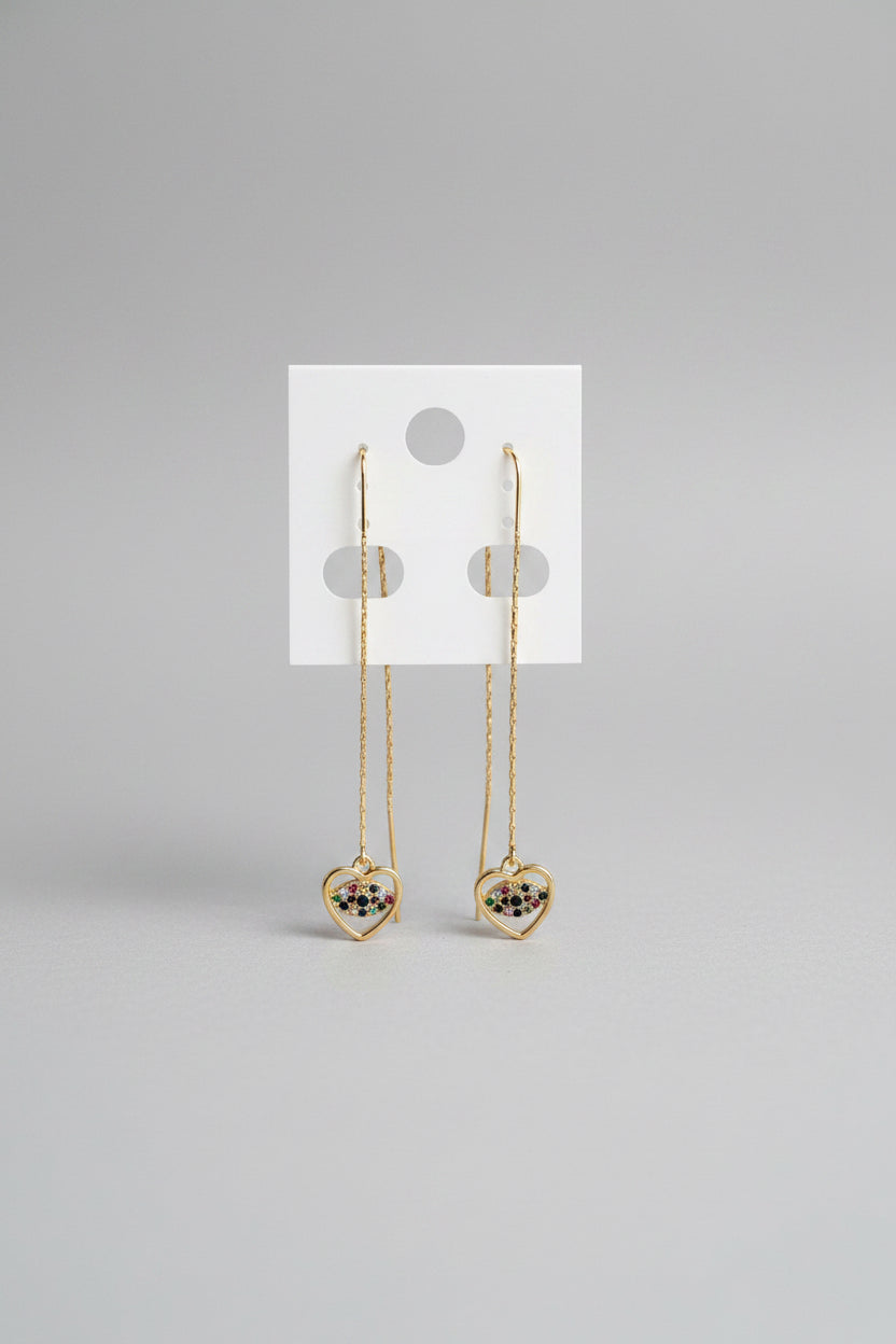 Aretes Largos de Corazón Multicolor en Oro Laminado
