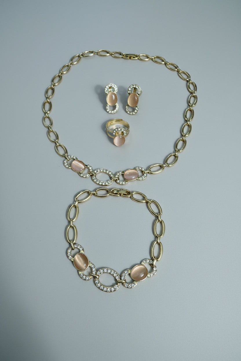 Juego de Joyería Oro Laminado con Piedra Azul- rosa 4 Piezas Anillo Ajustable