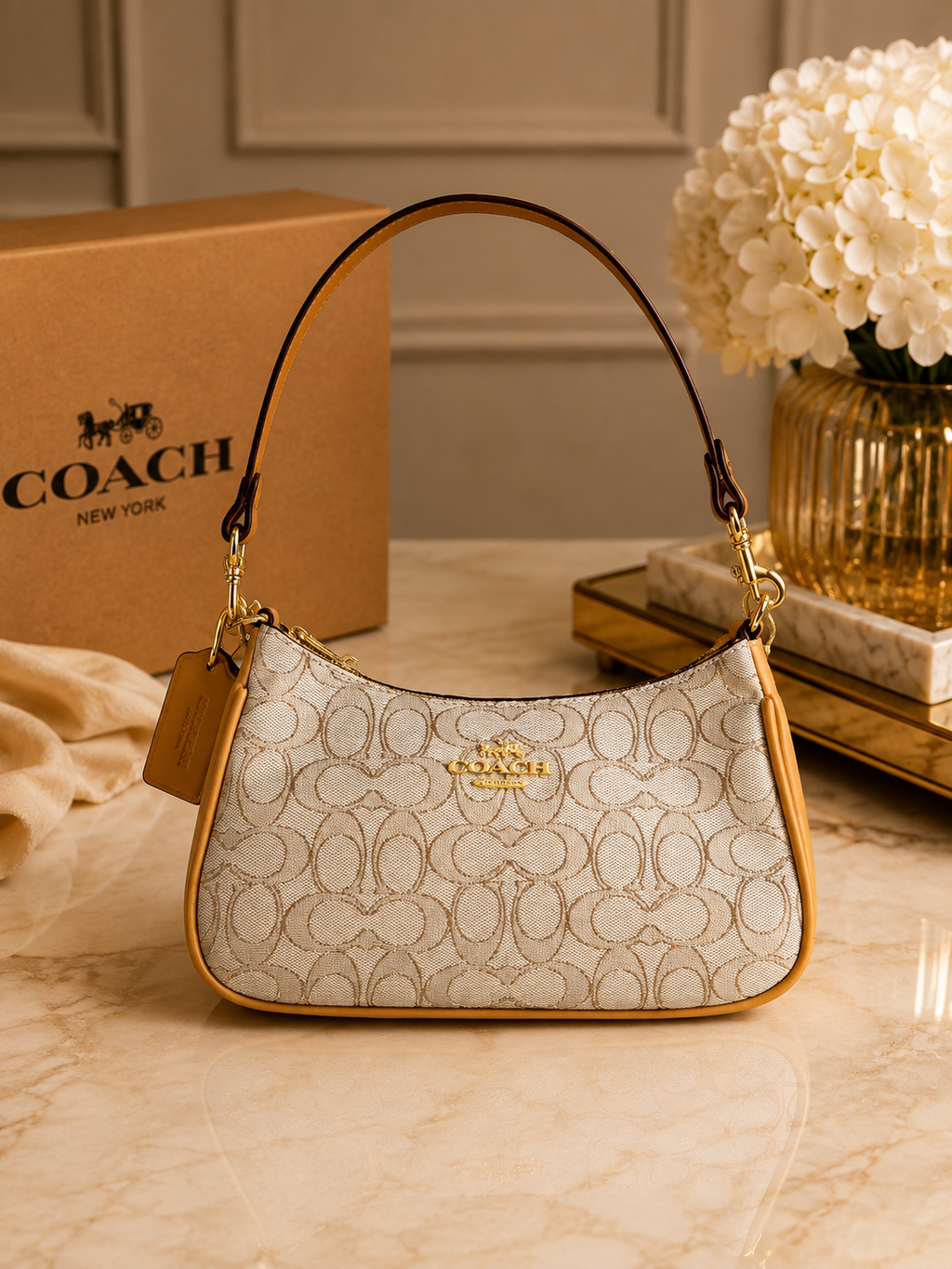 Bolsa de hombro para mujer-beige con 2 correas