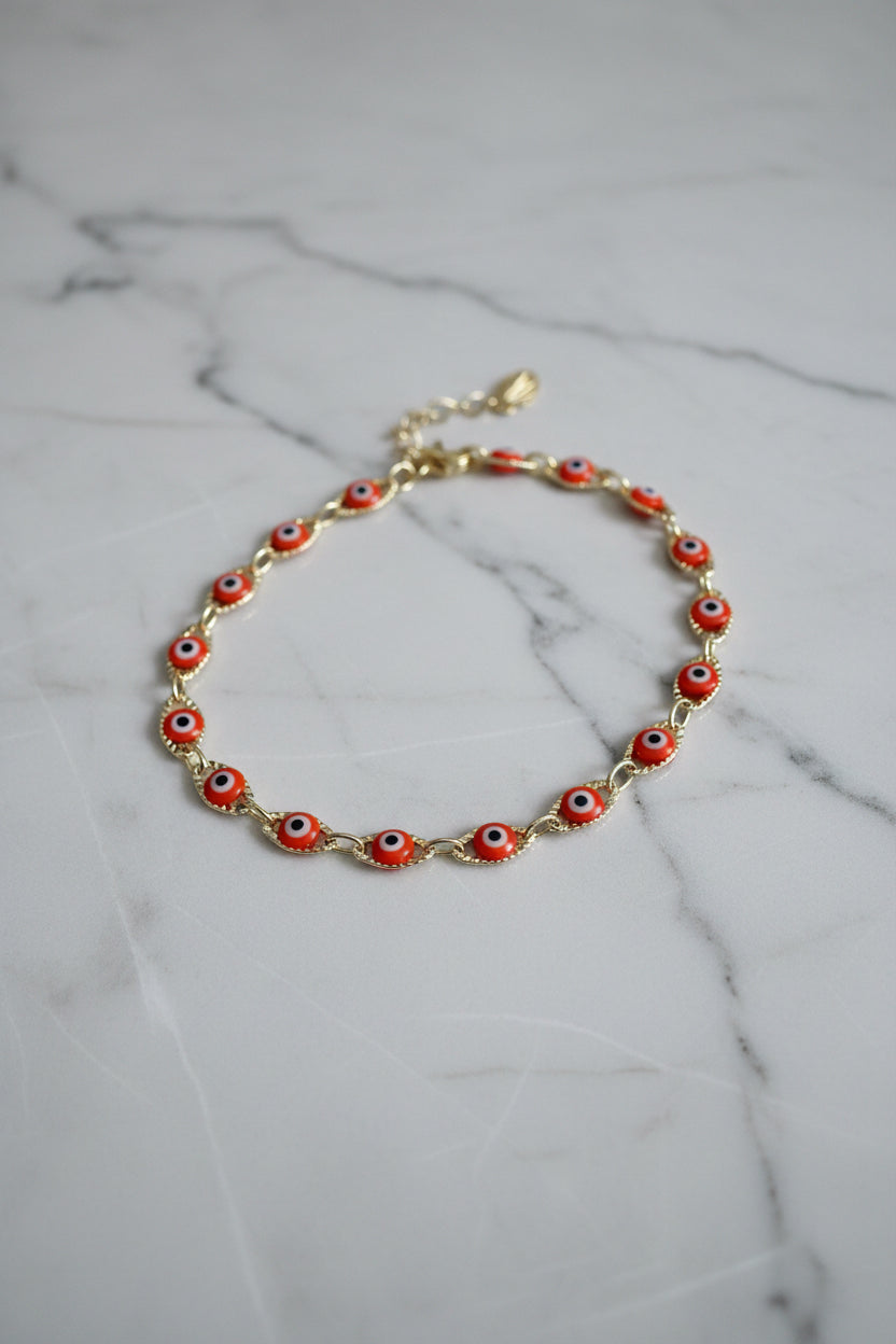 Pulsera Laminada Dorada de Ojo Turco Rojo – Amuleto contra el Mal de Ojo