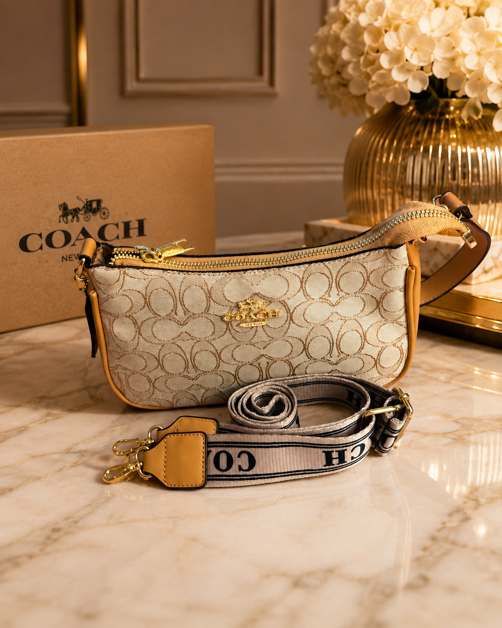 Bolsa de hombro para mujer-beige con 2 correas